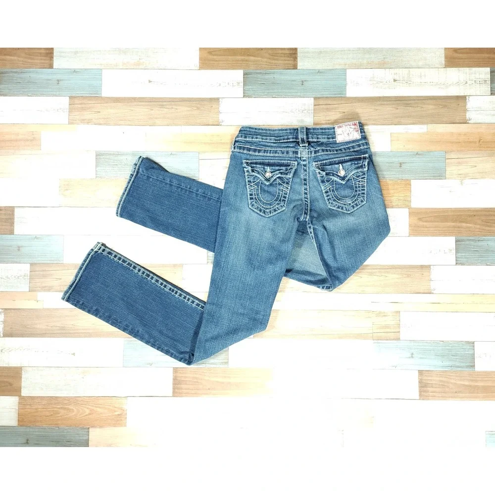 True‎ Religion Blue Bootcut Distressed Embellished Pockets High Rise Jeans Sz 26